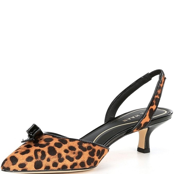 Cole Haan | Noella Bow Leopard Print Leather Slingback Kitten Heel Pumps - Picture 1 of 10